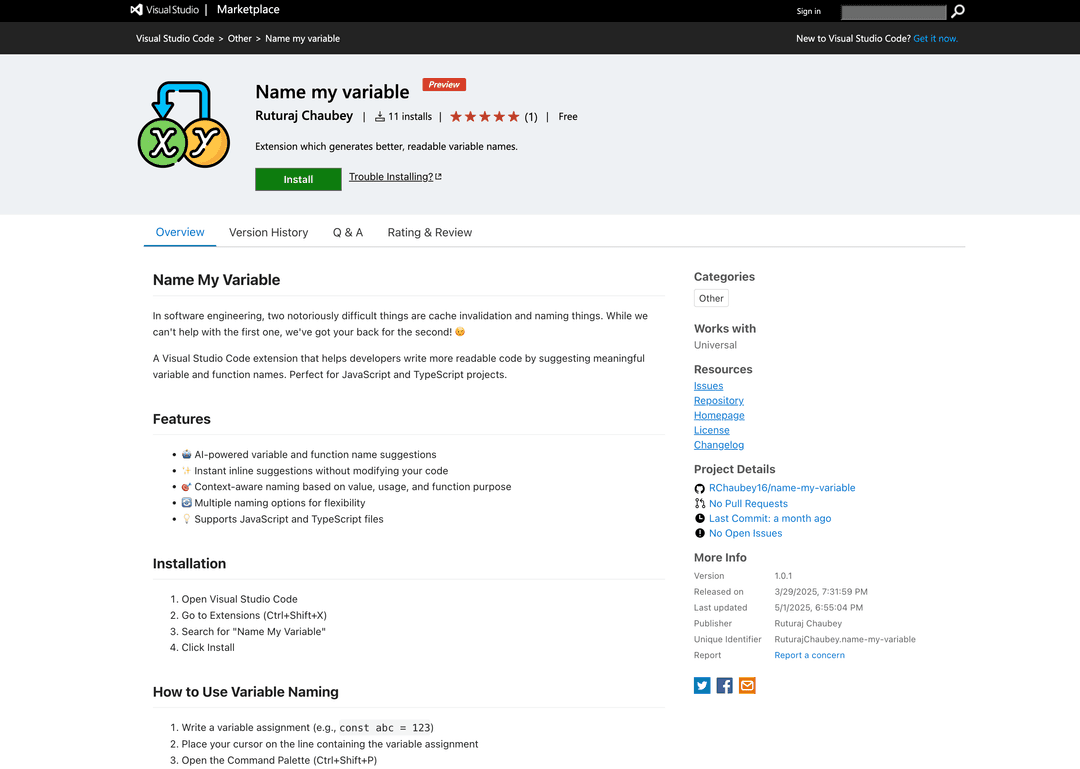 Name my variable web page screenshot